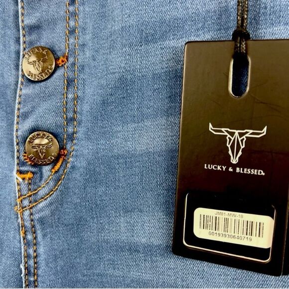 Lucky & Blessed Distressed Button Fly High Waist Mid Wash Flare Jeans NWT - Picture 10 of 15